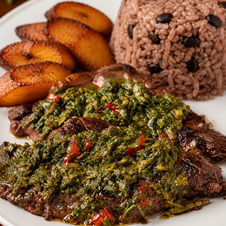 Grilled steak topped with chimichurri, roasted sweet potatoes, and black-bean rice on a white plate.