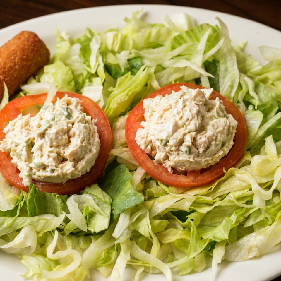 Plate of shredded lettuce topped with tomato slices filled with creamy chicken salad and two breaded croquettes.