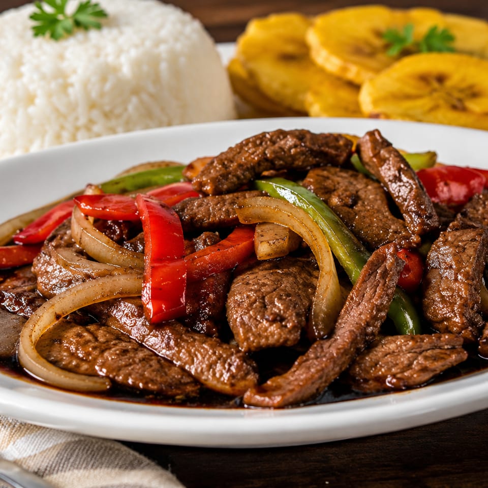Sautéed beef strips with red and green peppers and onions, served with white rice and fried plantains.