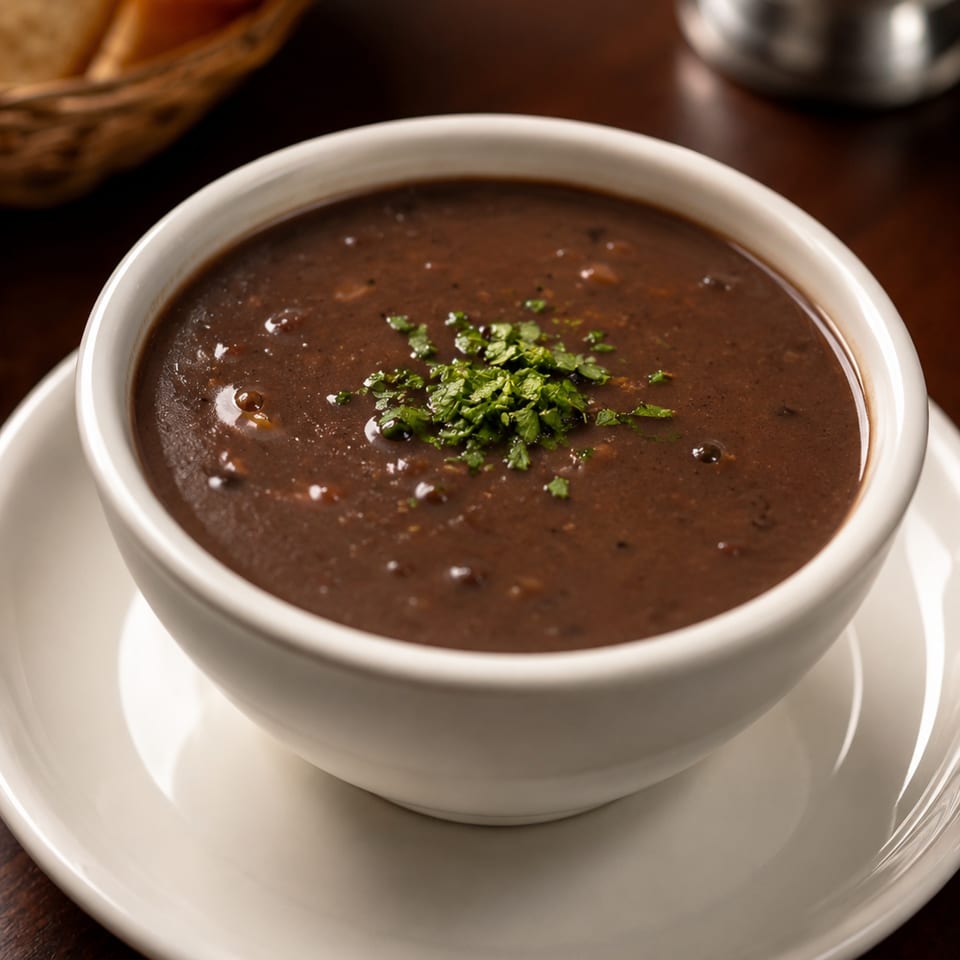 Bowl of dark bean soup garnished with fresh cilantro, served on a white plate beside bread.