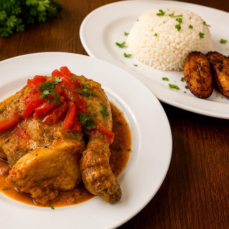 Braised chicken in creamy sauce topped with red peppers and parsley, served with rice and grilled plantains on white plates.