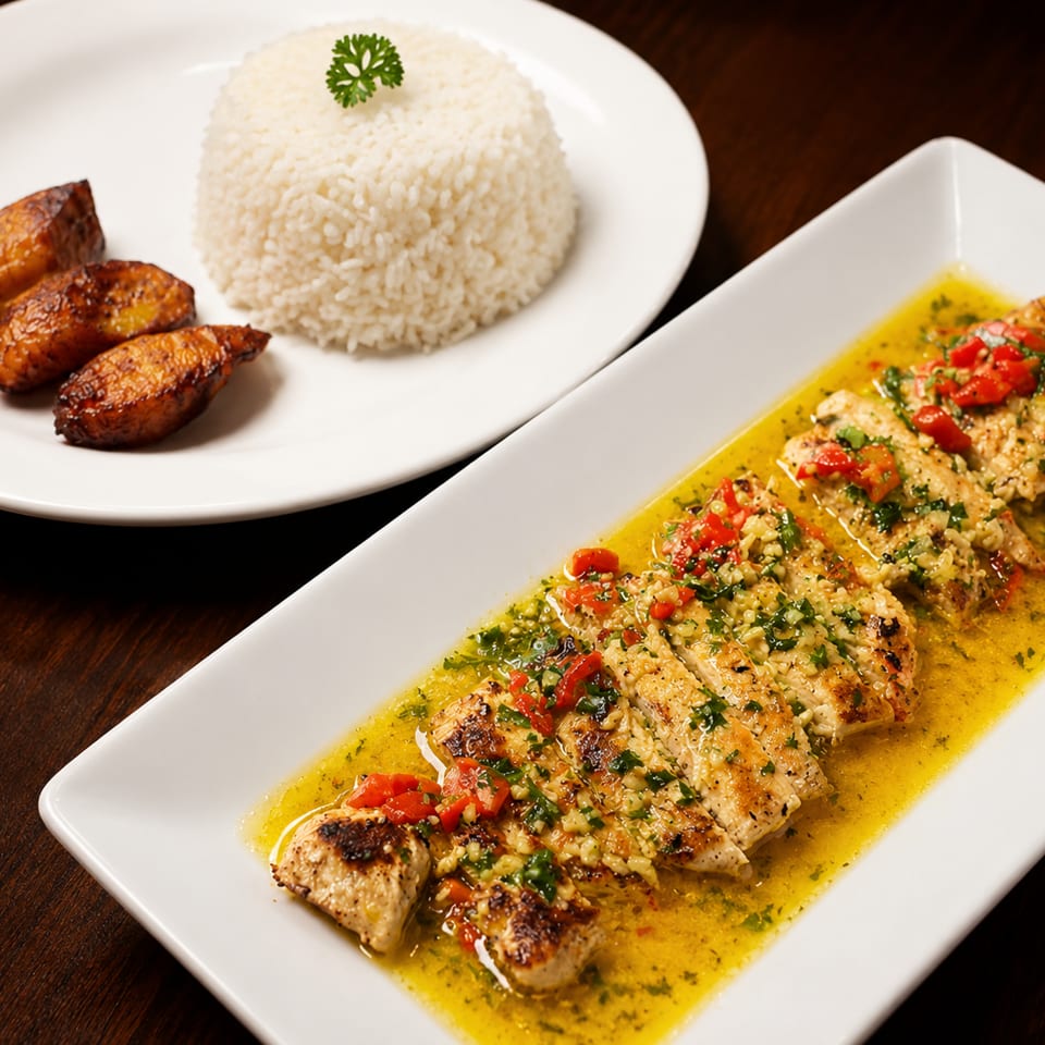 Grilled fish fillets in garlic herb sauce with tomatoes, served alongside white rice and roasted plantains on white plates.