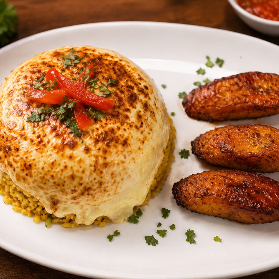 Spiced rice dome covered with toasted flatbread, garnished with peppers and herbs, served with three grilled kebabs and tomato sauce.