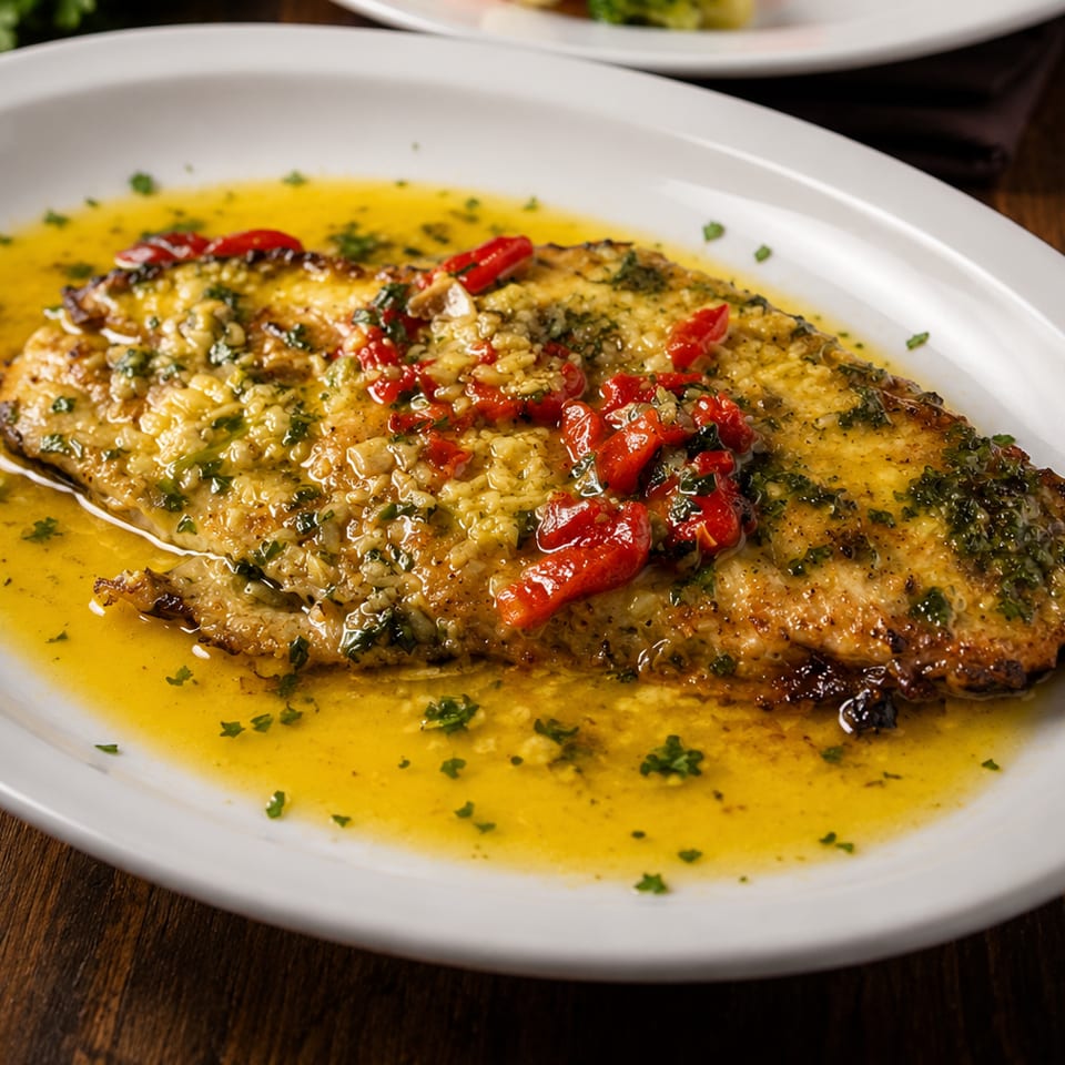 Grilled fish fillet topped with red peppers and herbs, served in a pool of lemon butter sauce on a white plate.