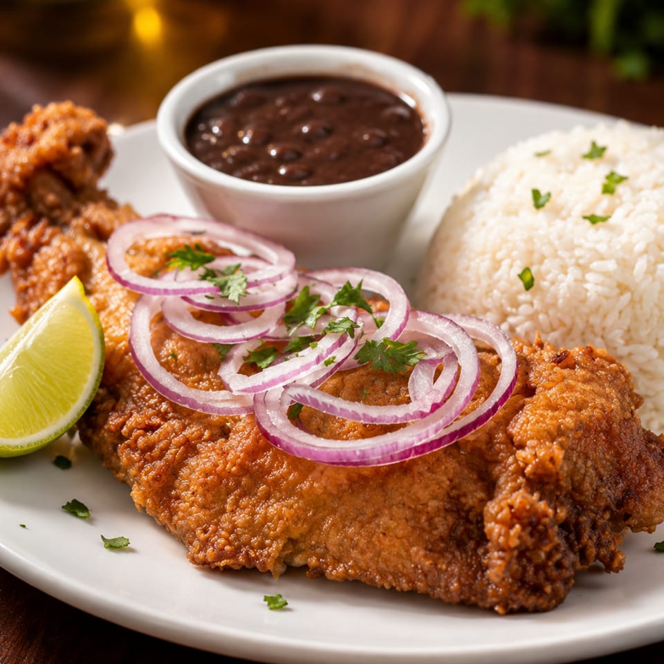 Crispy fried chicken topped with red onions and cilantro, served with white rice, black beans, and lime on a plate.
