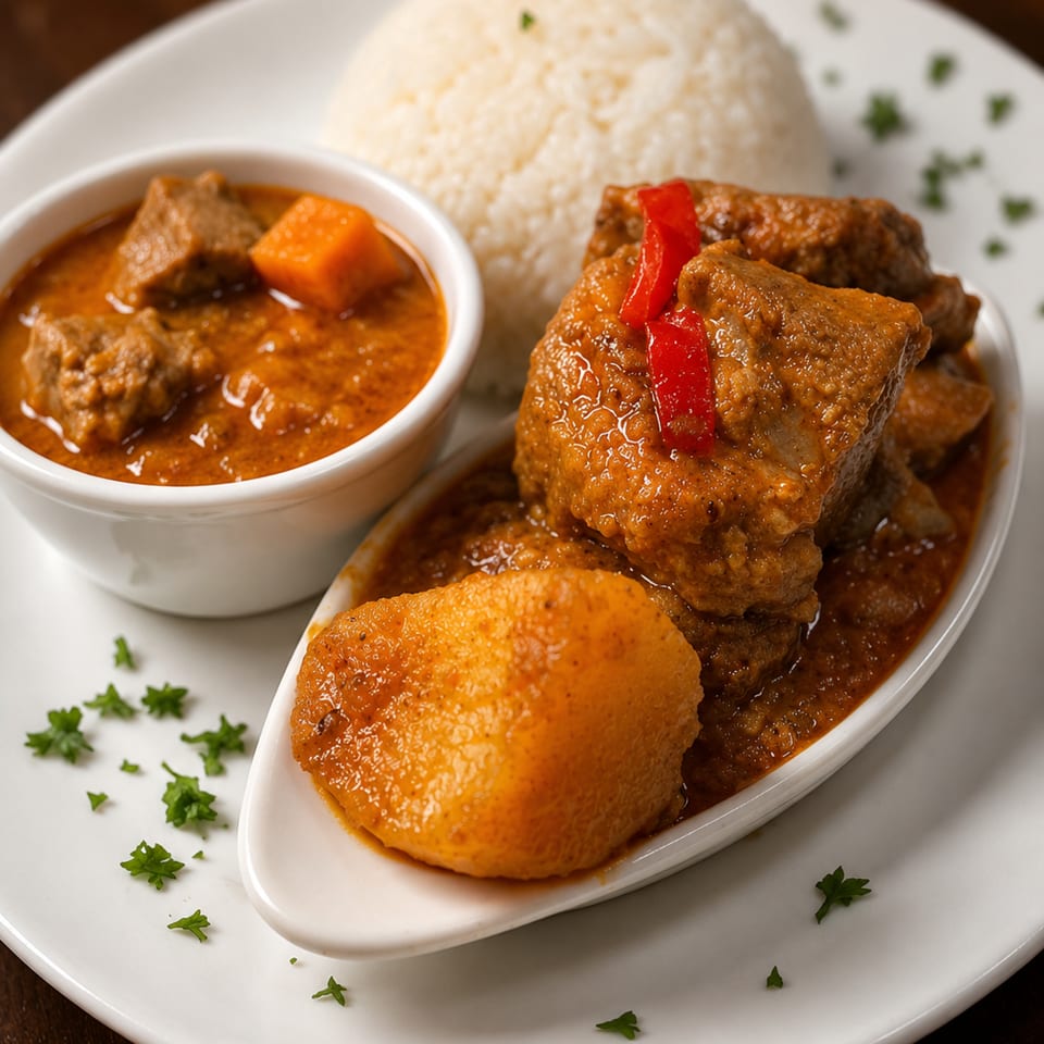 Braised meat and potatoes in rich sauce served with white rice and a side bowl of curry, garnished with parsley and red pepper.