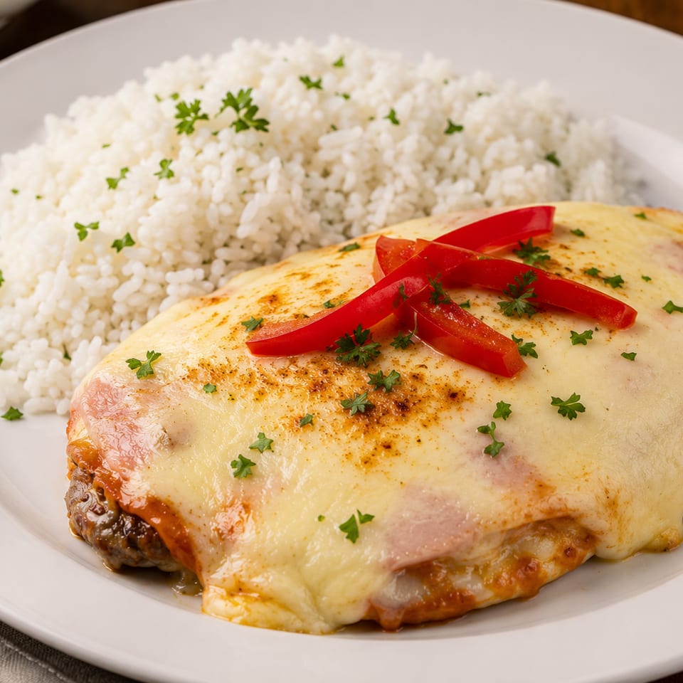 Cheesy baked chicken breast topped with red peppers and parsley, served with white rice on a plate.