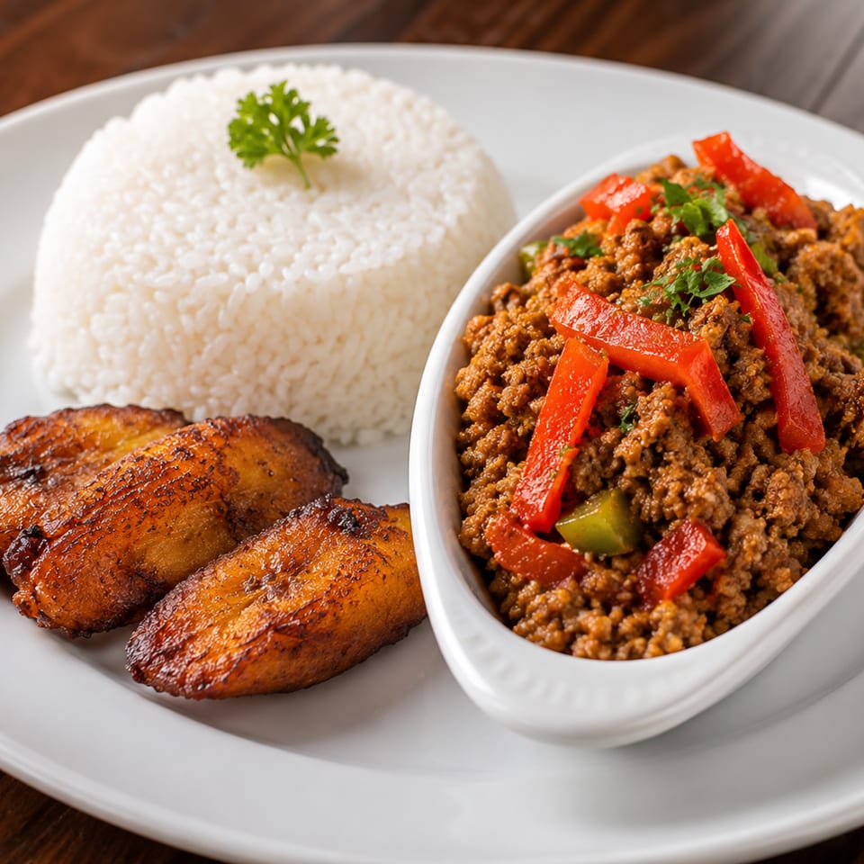 White rice, fried plantains, and seasoned ground meat with red peppers and herbs served on a white plate.
