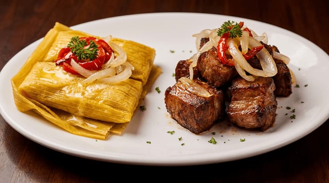 Masas de Cerdo Fritas con Dos Tamales en Hoja.